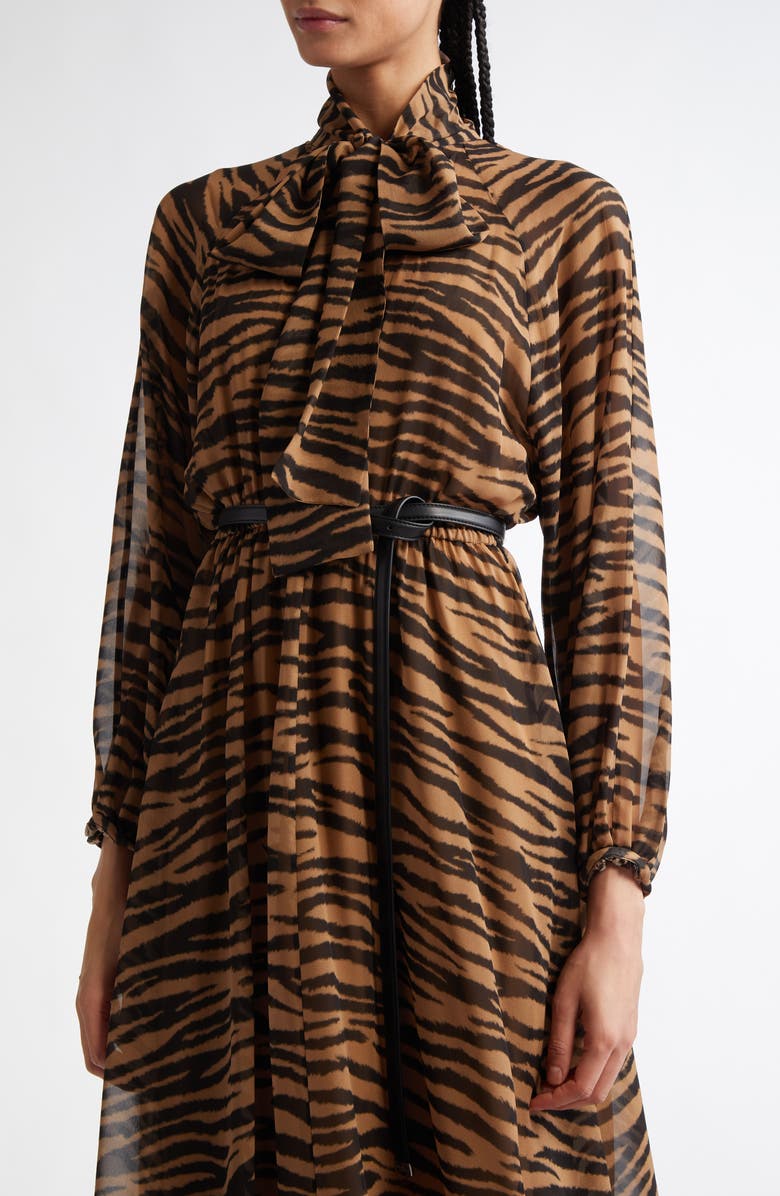Max Mara Studio Glizia Tiger Stripe Long Sleeve Belted Silk Georgette Midi Shirtdress, Alternate, color, 