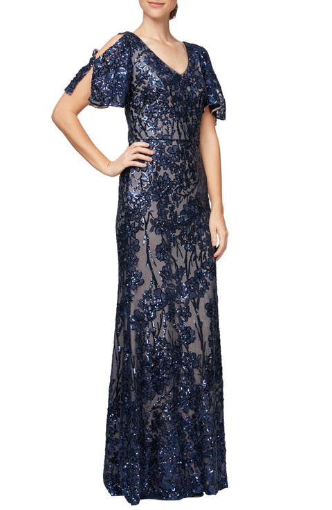 Sequin Lace Cold Shoulder Trumpet Evening Gown