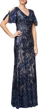 Alex Evenings Sequin Lace Cold Shoulder Trumpet Evening Gown