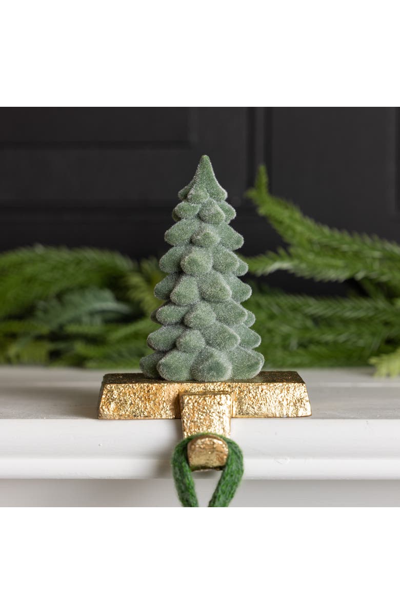 Transpac Flocked Green Tree Stocking Holder for Christmas Mantel Decoration, Alternate, color, 