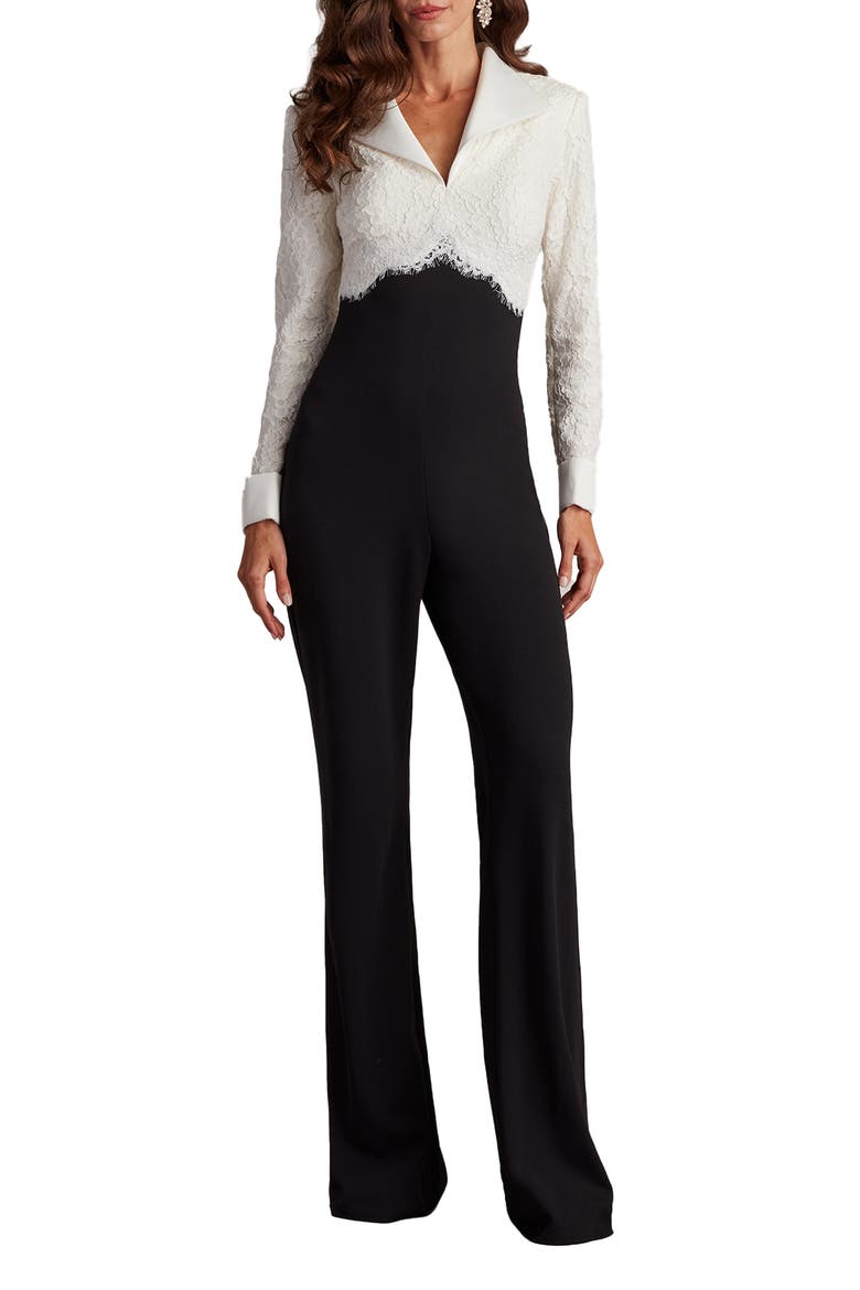 Cotton Blend Lace & Crepe Jumpsuit, Main, color, IVORY/ BLACK