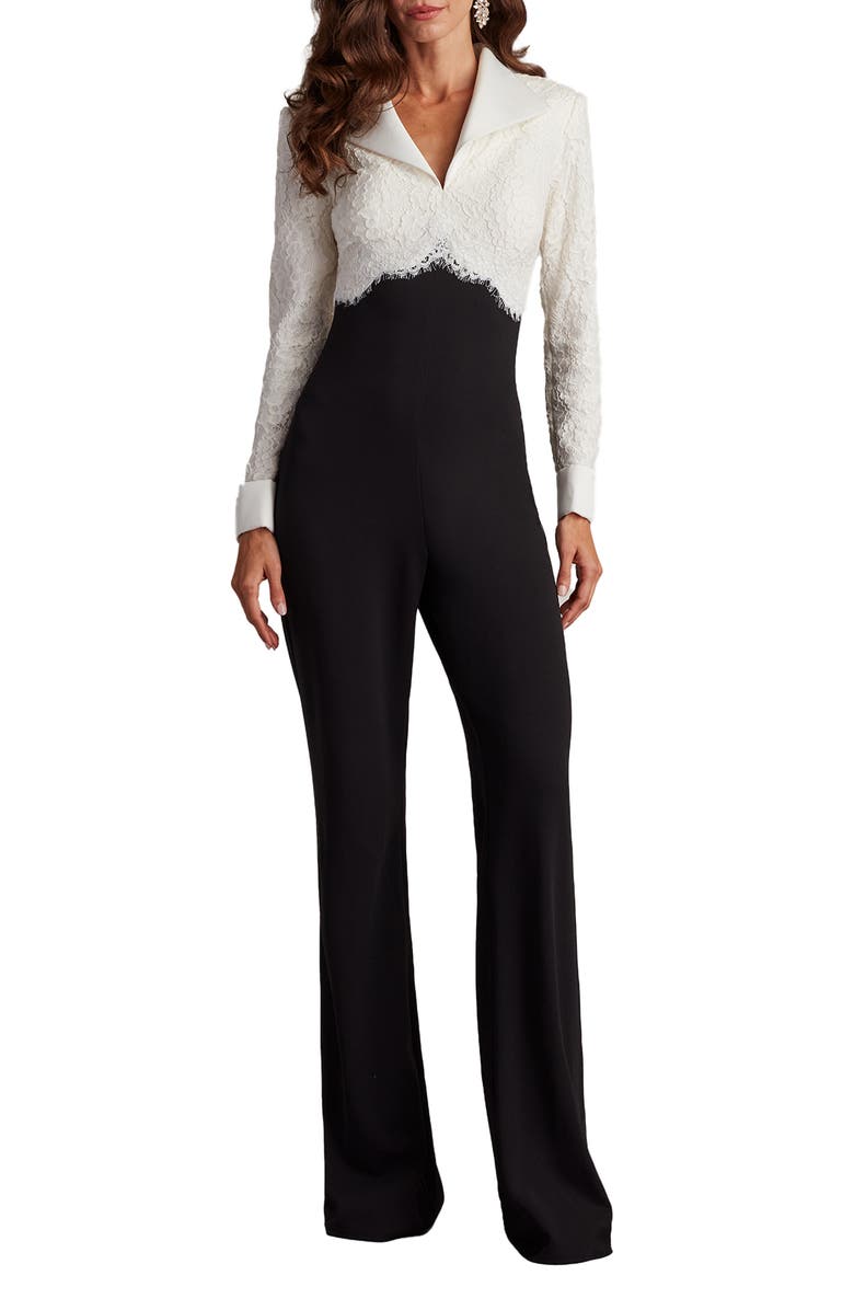 Tadashi Shoji Cotton Blend Lace & Crepe Jumpsuit, Main, color, Ivory/ Black