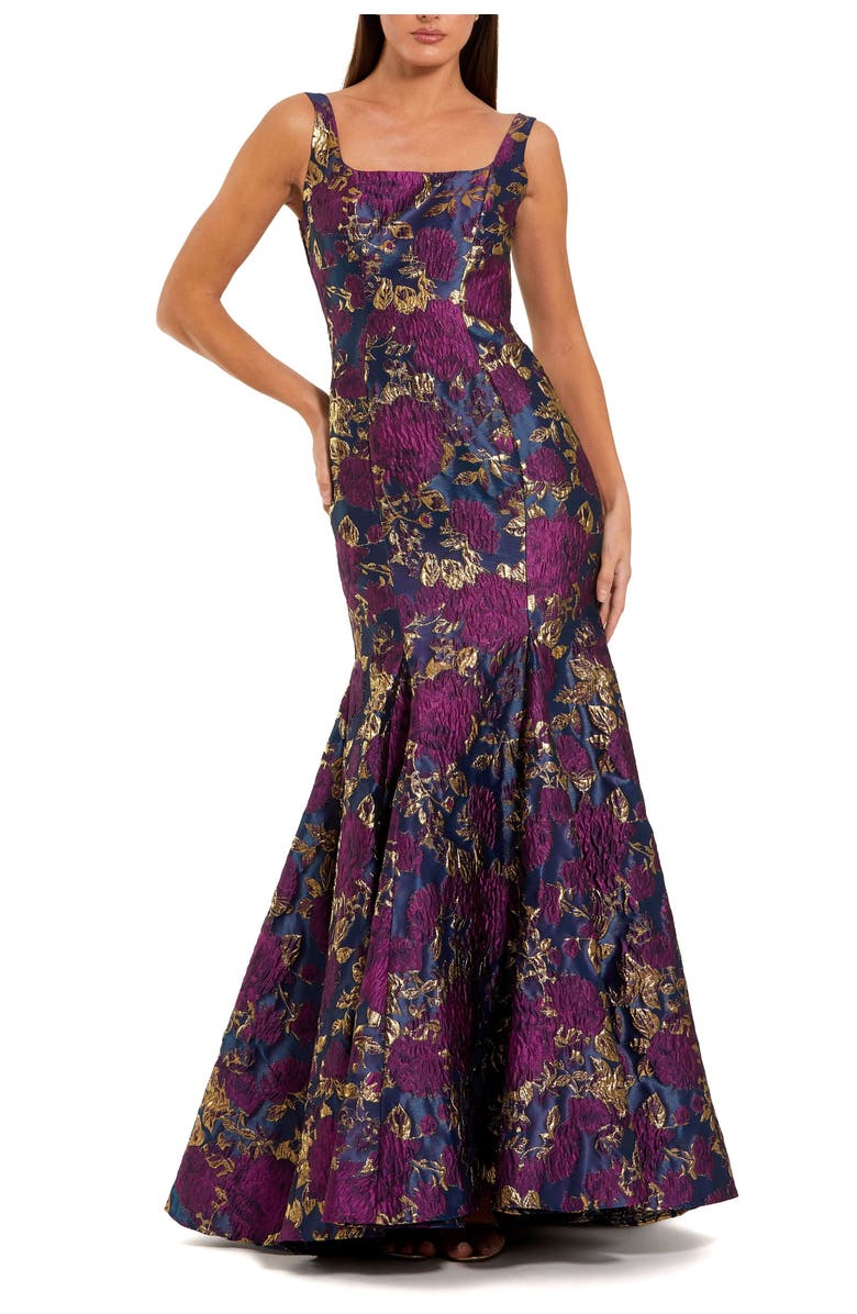 Mac Duggal Brocade Sleeveless Scoop Neck Trumpet Gown, Main, color, Midnight Multi