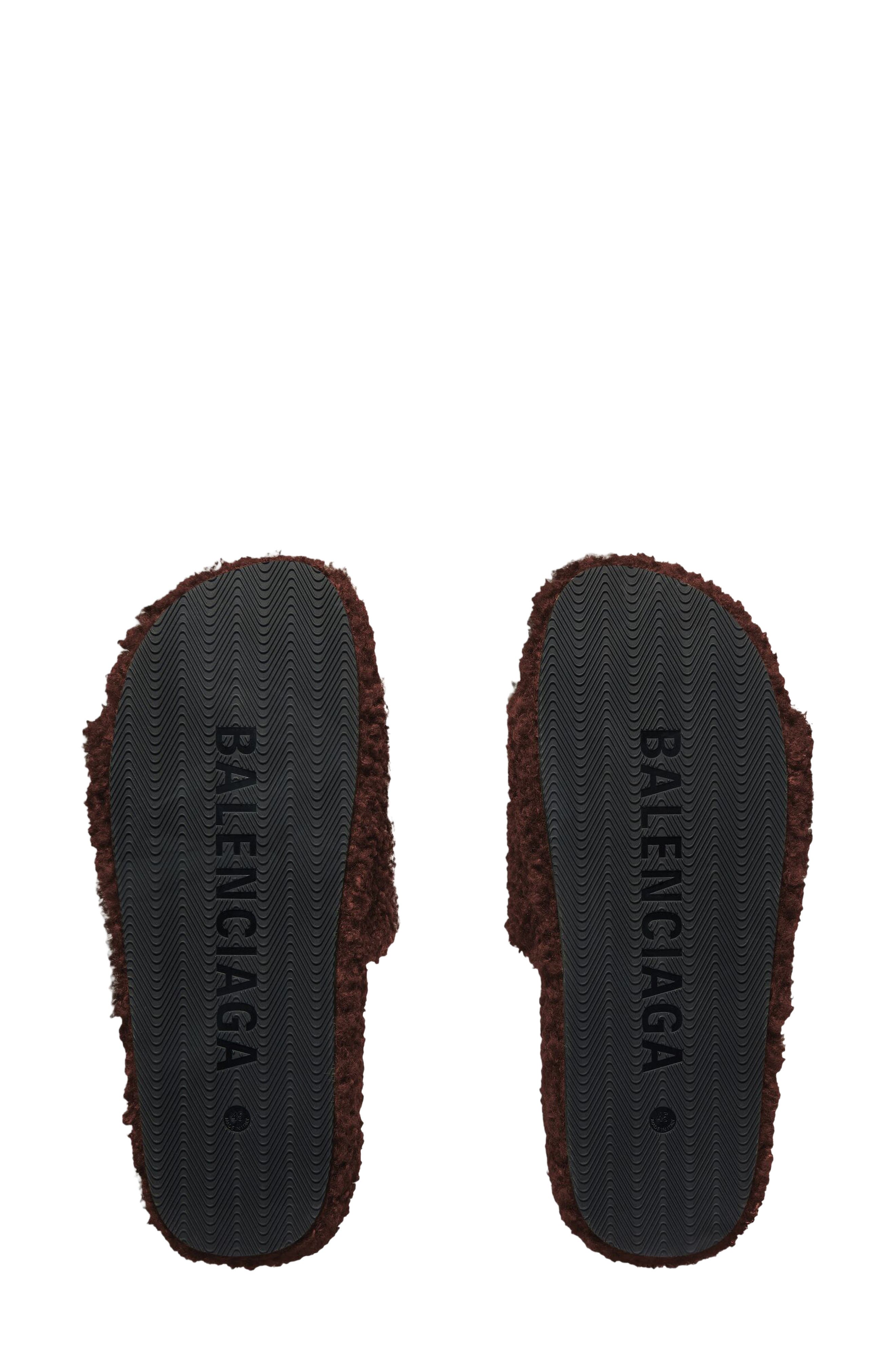 Balenciaga Campaign Faux Shearling Slide Sandal, Alternate, color, Chataigne