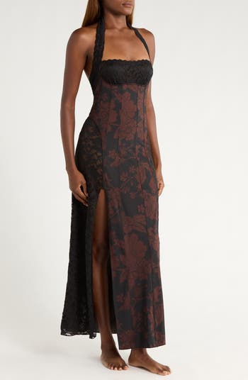 Love You Most Print Lace Halter Maxi Dress