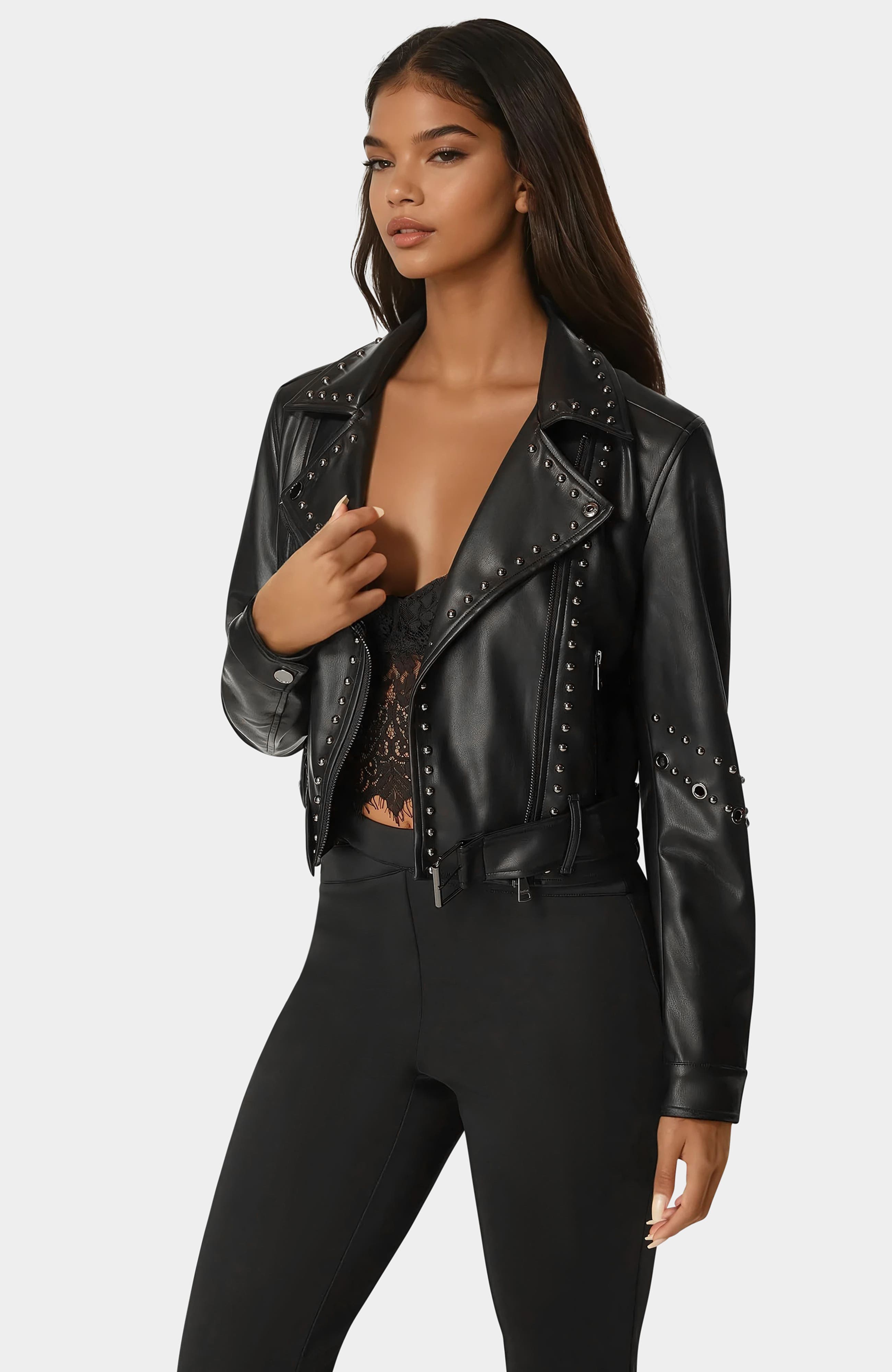 bebe Studded Vegan Leather Moto Jacket in Black 