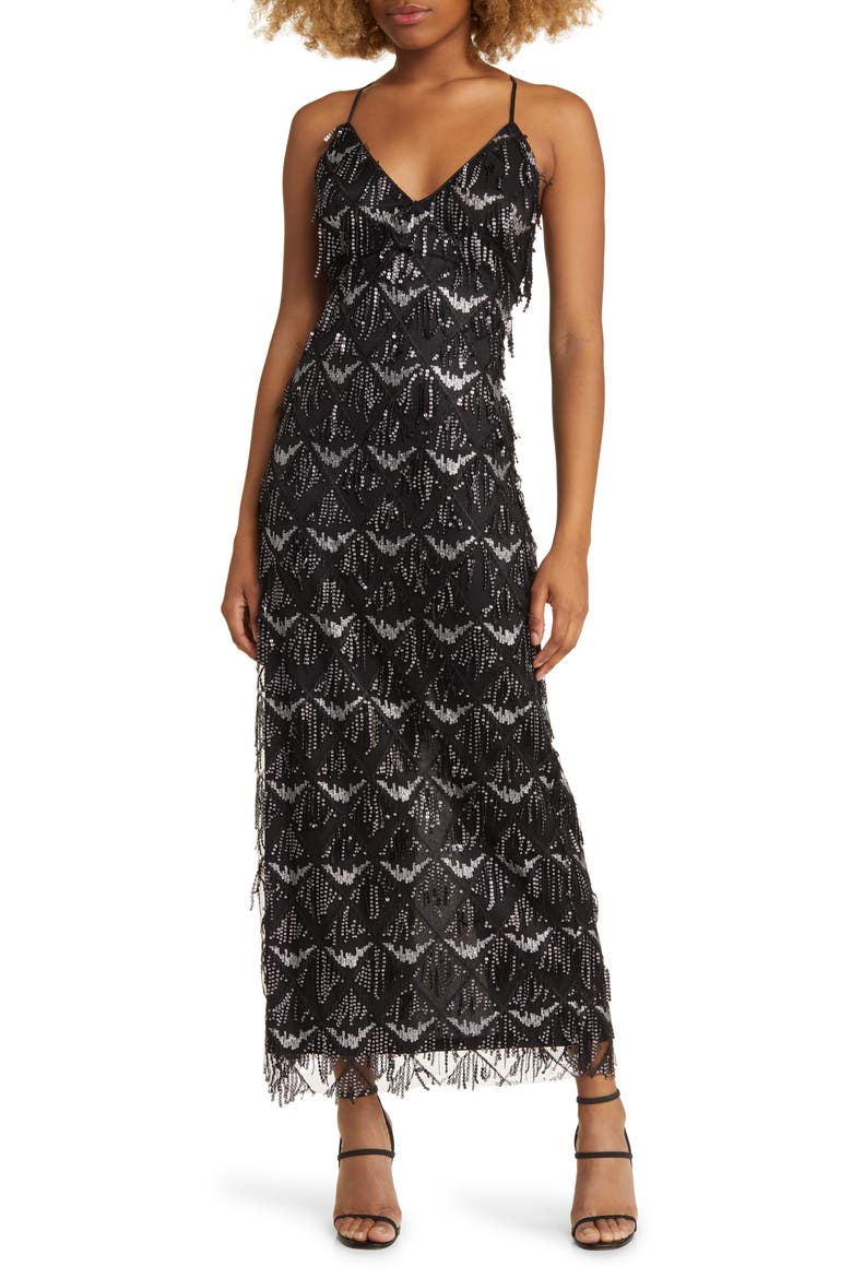 Marvelous Moment Sequin Fringe Gown, Main, color, BLACK