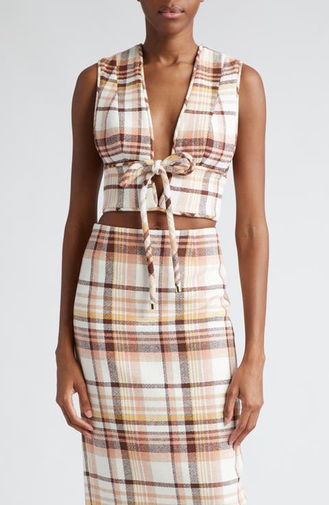 Matchmaker Check Bow Sleeveless Linen Blend Crop Top (Regular & Petite)