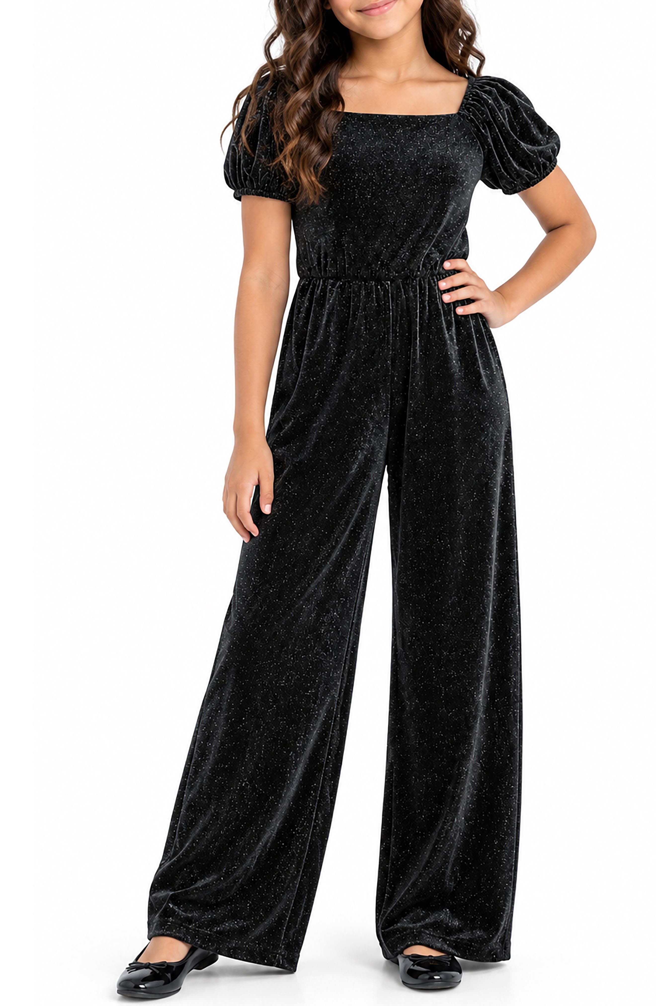 Kids' Glitter Velvet Puff Sleeve Jumpsuit