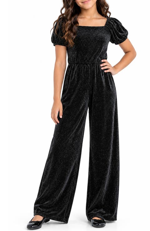Kids' Glitter Velvet Puff Sleeve Jumpsuit