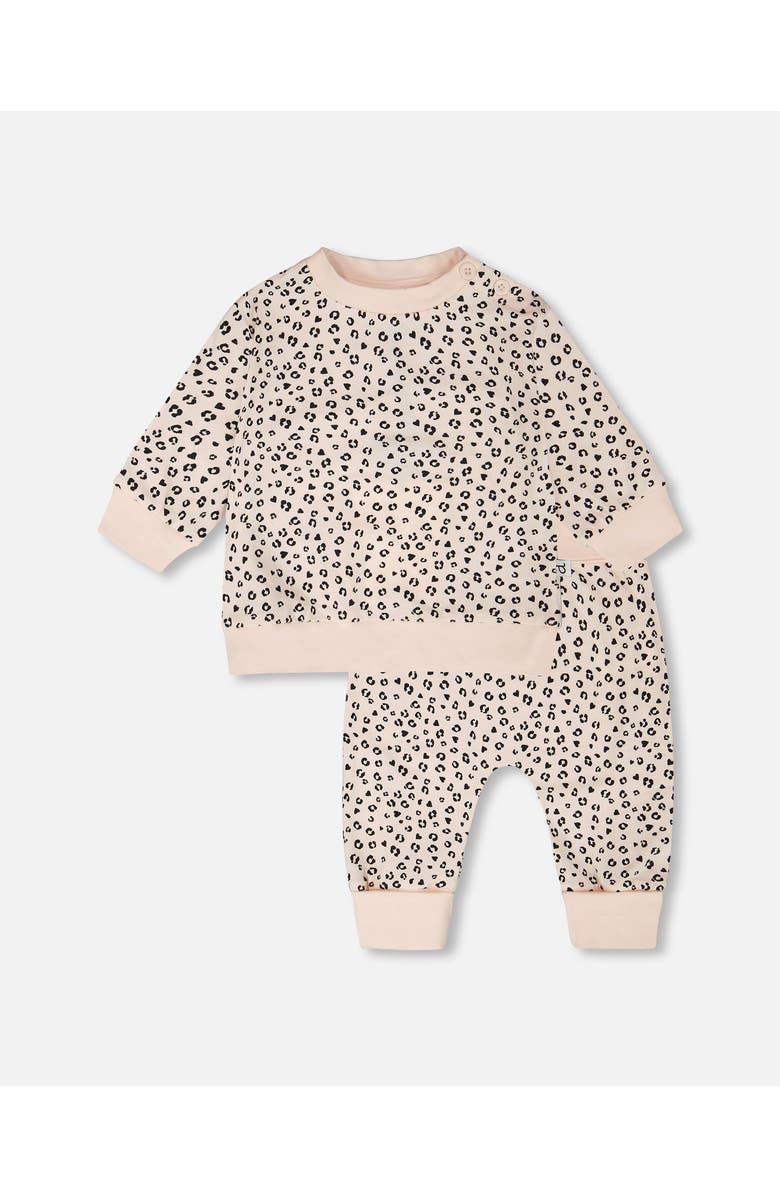 Deux par Deux Organic Cotton Jersey Peach Printed Sweater and Pants Set, Main, color, Peach Animal Print