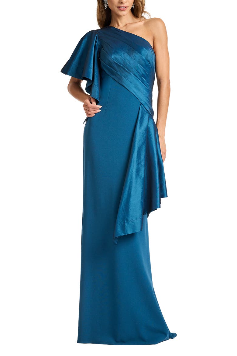 Draped One-Shoulder Mixed Media Gown, Main, color, CERULEAN