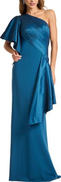 Tadashi Shoji Draped One-Shoulder Mixed Media Gown