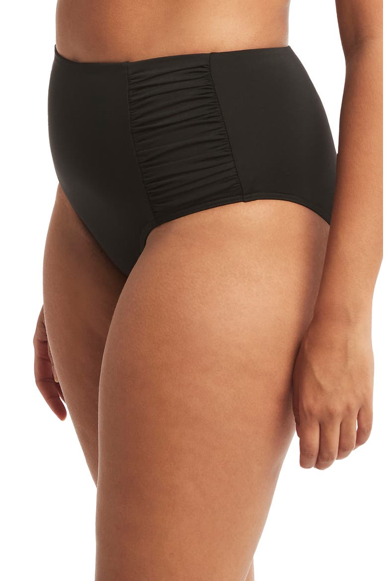 High Waist Gathered Side Swim Bottoms, Alternate, color, BLACK