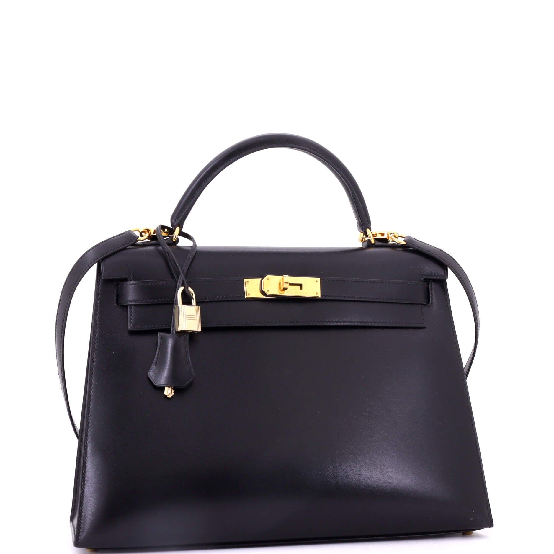 Pre-Owned Hermes Kelly Handbag Black Box Calf with Gold Hardware 32, Alternate, color, Noir