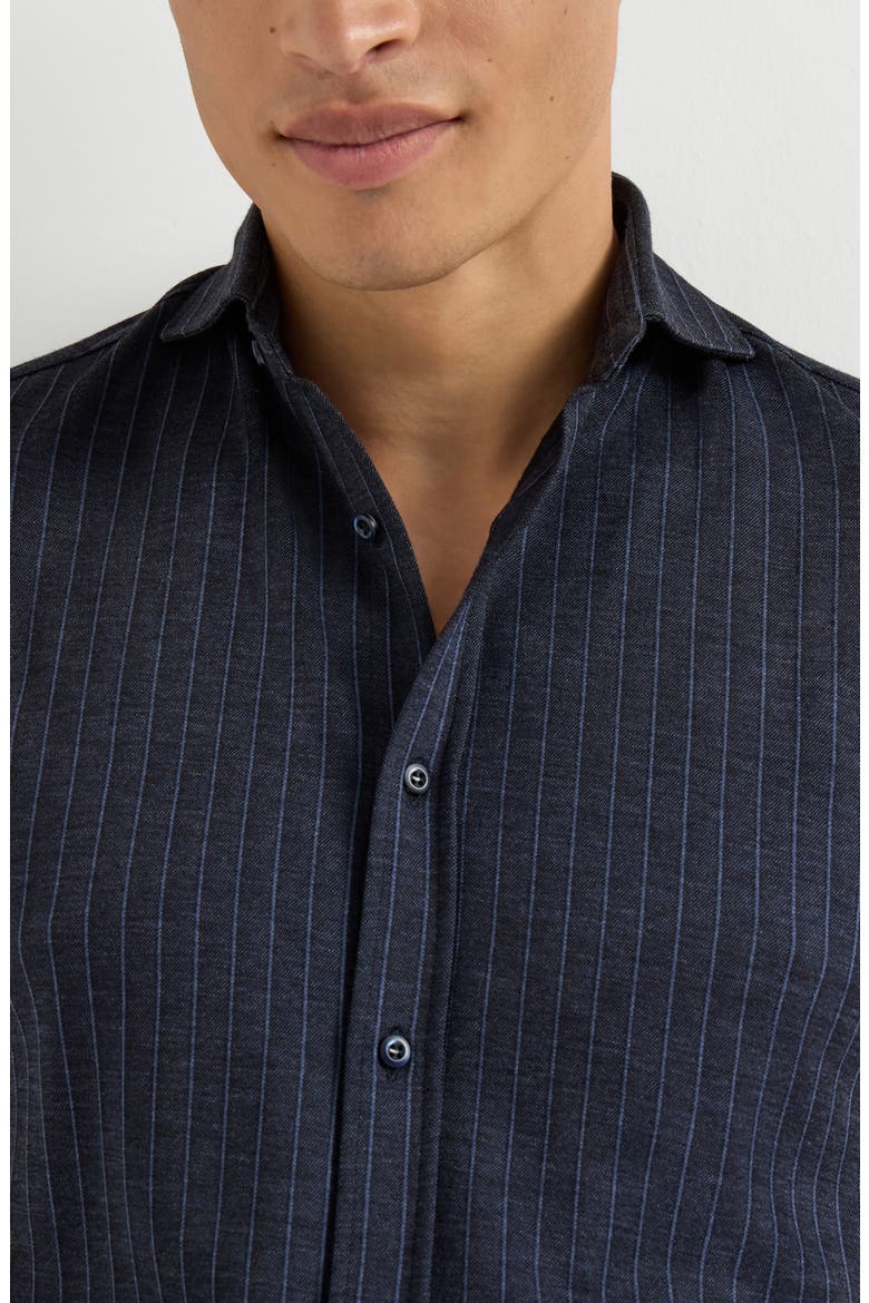 Virgin wool, silk and cotton chalk stripe piqué shirt with spead collar, Alternate, color, Blue