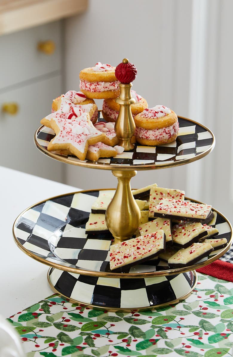 MACKENZIE CHILDS Courtly Check Enameled Steel 2-Tier Sweets Stand, Alternate, color, Black/ White
