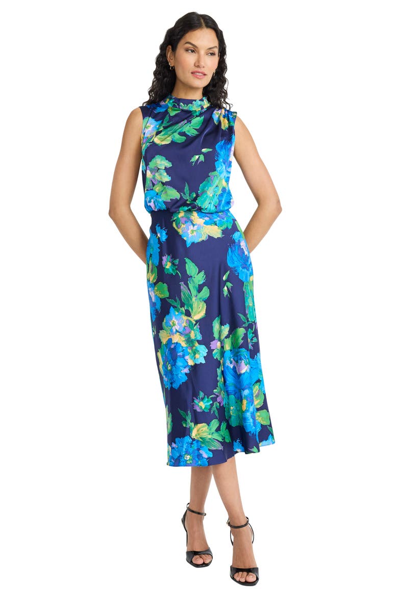 Floral Charmeuse Midi Dress, Alternate, color, NAVY/ BLUE