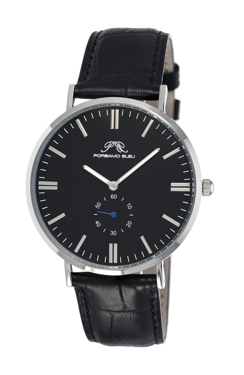 PORSAMO BLEU Men's Henry Leather Strap Dress Watch, 40.8mm, Main, color, 