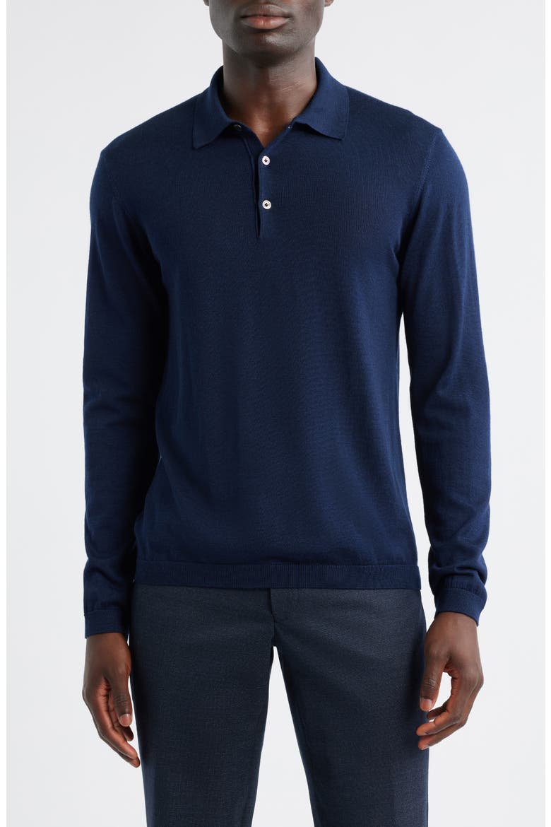 Long Sleeve Wool & Silk Polo Sweater, Main, color, NAVY