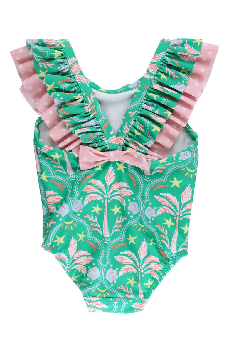 RuffleButts Kids' Coconut Cabana Bow V-Back UPF 50+ One-Piece Swimsuit, Alternate, color, Green