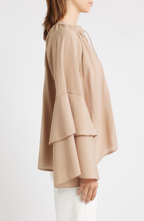 Vero Moda Frill Sleeve Tie Neck Top In Brown