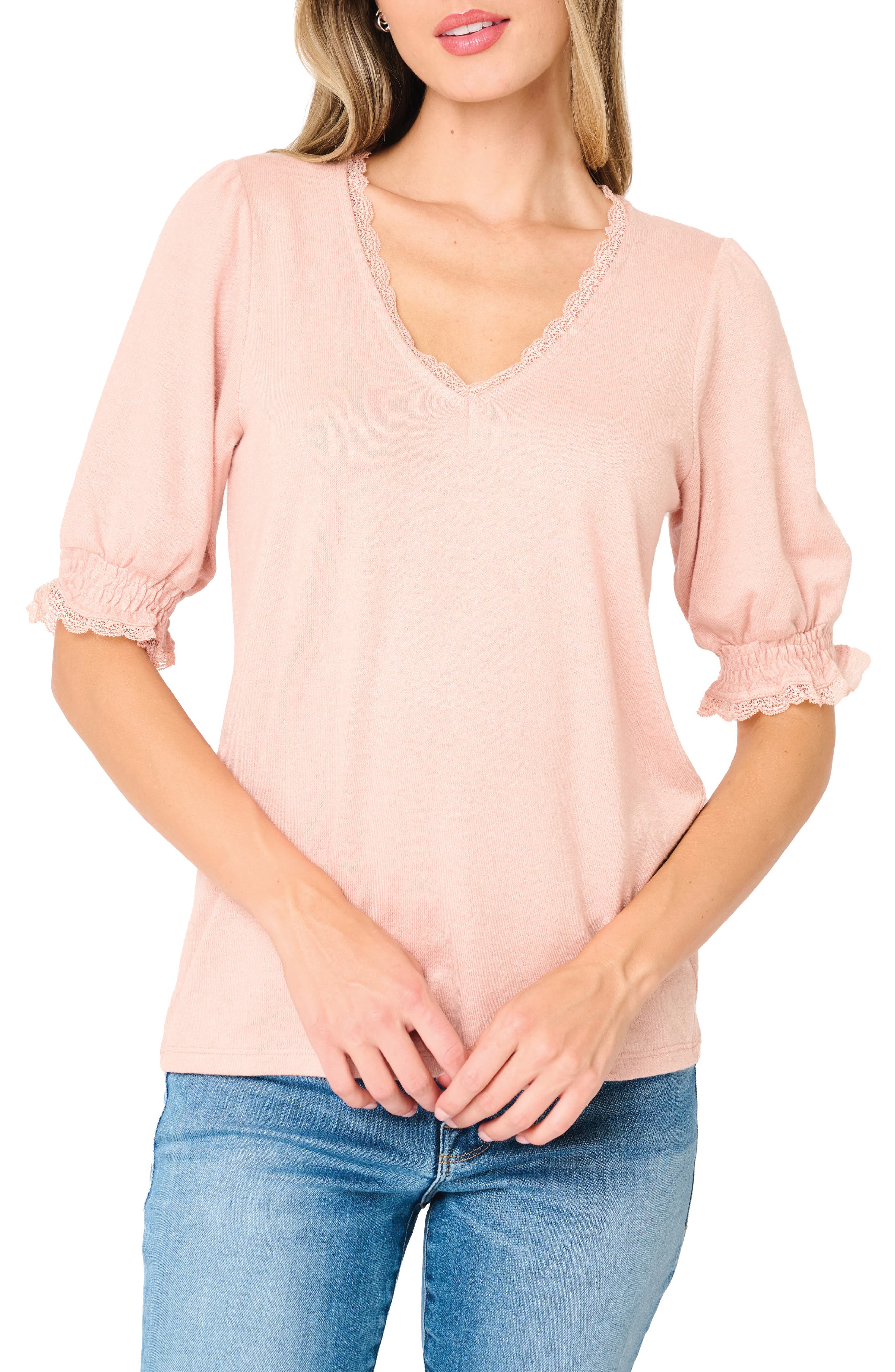 GIBSONLOOK Lace Detail V-Neck Knit Top