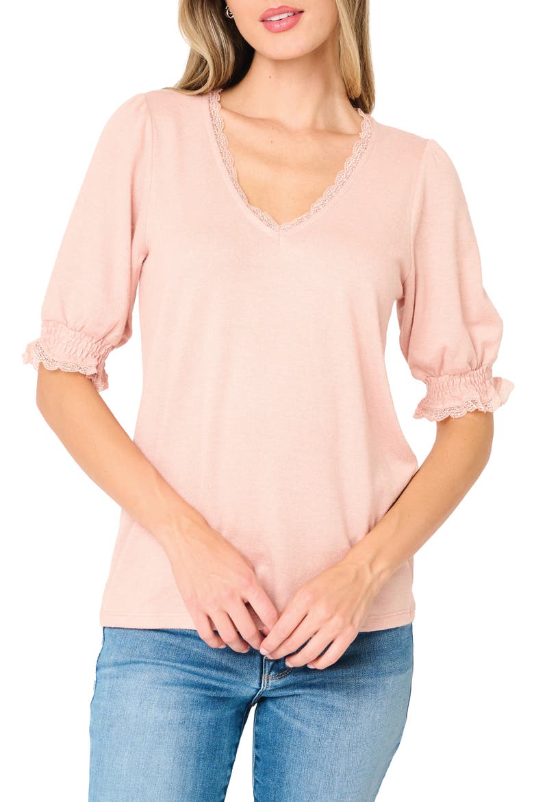 Lace Detail V-Neck Knit Top, Main, color, PINK SMOKE