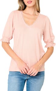GIBSONLOOK Lace Detail V-Neck Knit Top