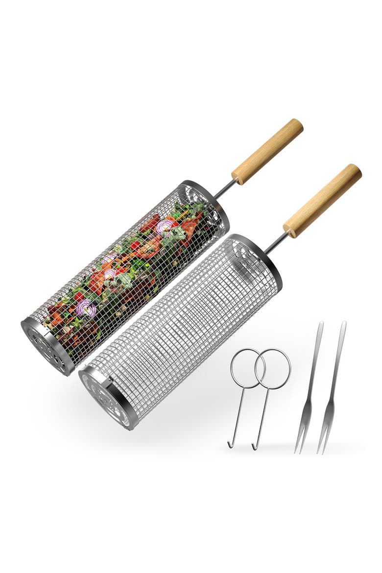Set of 2 Stainless Steel Rolling Grill Baskets, Alternate, color, SILVER