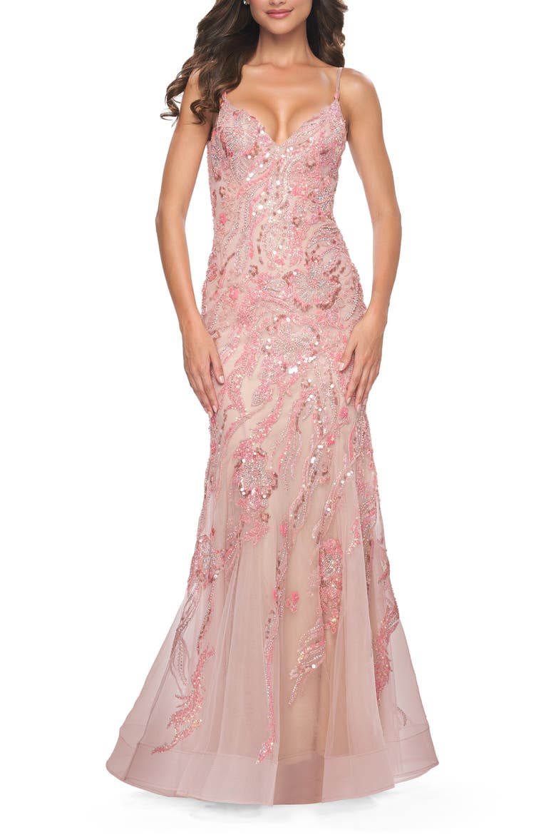 Mermaid Sequin and Beaded Embellished Prom Dress in Pastels, Main, color, Coral