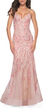 La Femme Mermaid Sequin and Beaded Embellished Prom Dress in Pastels