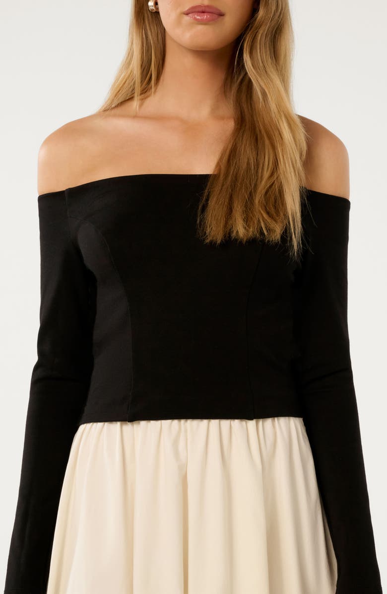 Ever New Savannah Off the Shoulder Long Sleeve Midi Dress, Alternate, color, Black / Cream