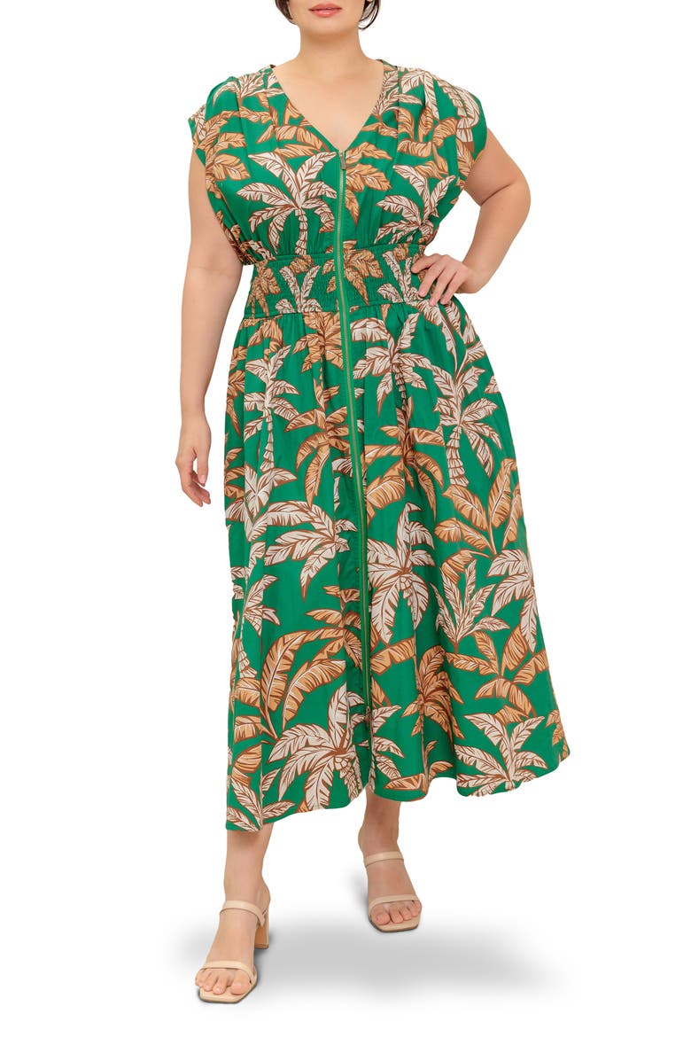 Palm Zip Front Maxi Dress, Main, color, GREEN