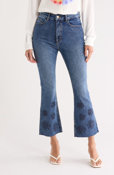 Floral Embroidered Raw Hem Crop Flare Leg Jeans