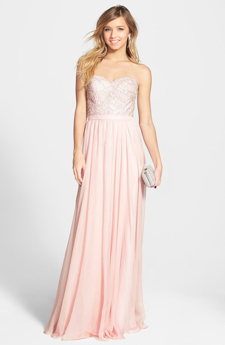 La Femme Beaded Strapless Chiffon Gown, Main, color,