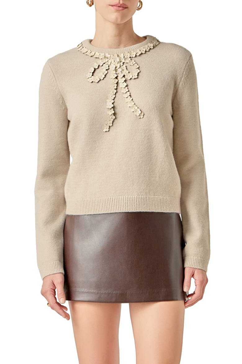 Floral Appliqué Bow Sweater, Main, color, OATMEAL
