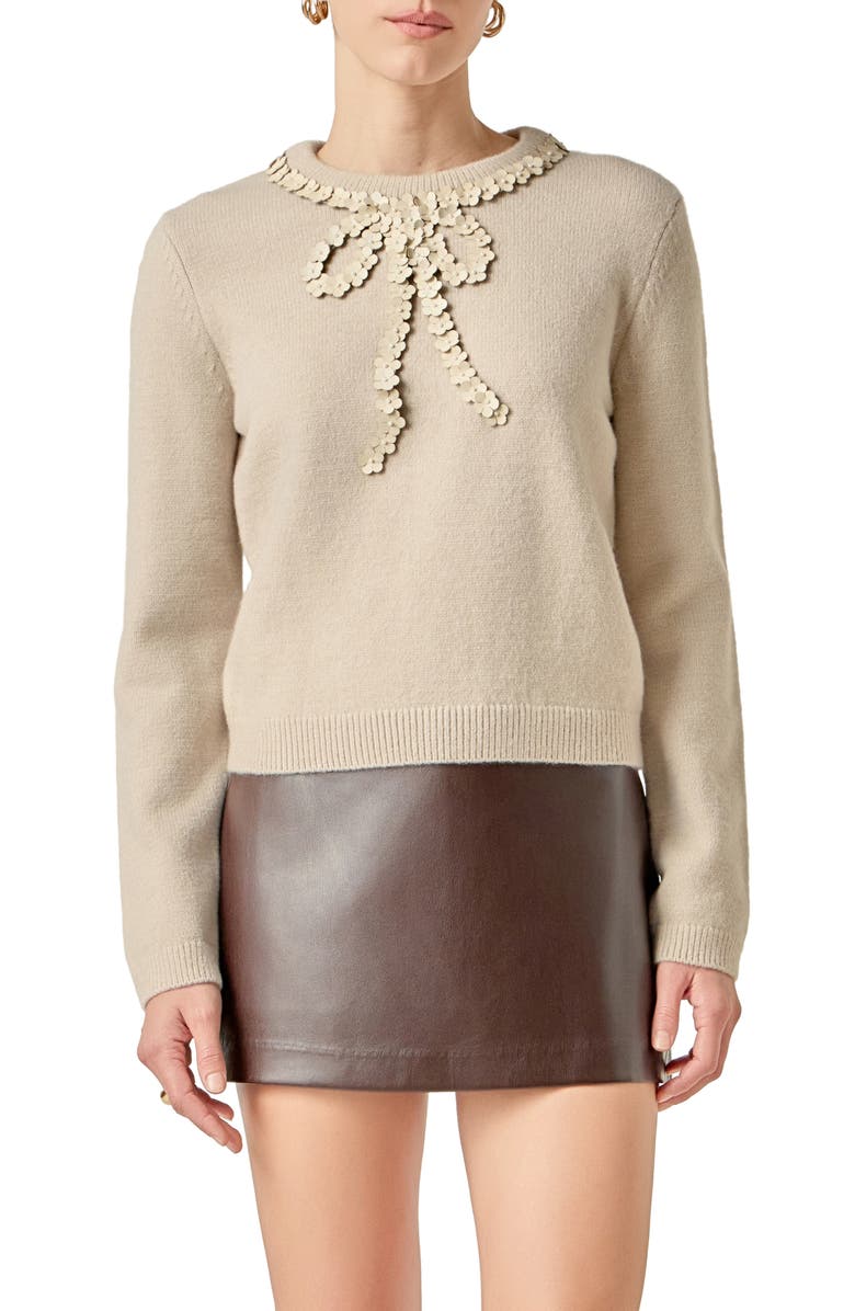 English Factory Floral Appliqué Bow Sweater, Main, color, Oatmeal