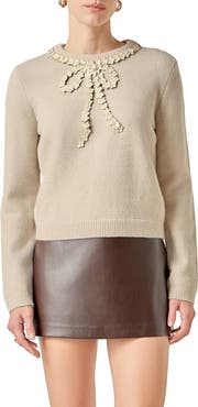 English Factory Floral Appliqué Bow Sweater
