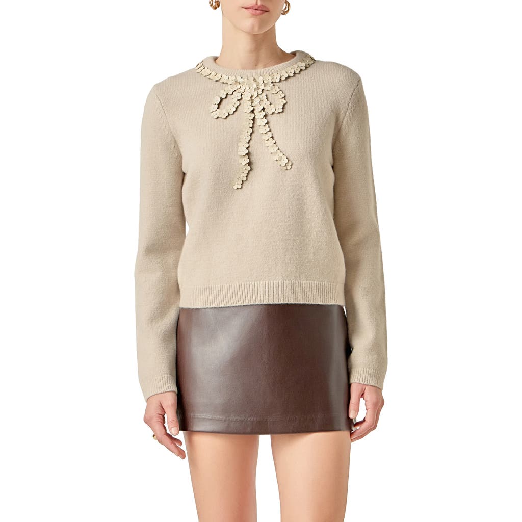 English Factory Floral Appliqué Bow Sweater In Neutral
