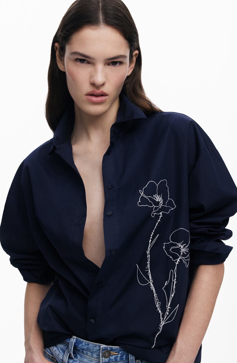 Desigual Floral Embroidered Oversize Cotton Graphic Button-Up Shirt, Alternate, color, 