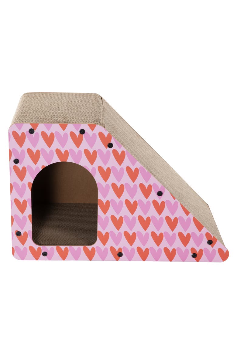 Kento Minimalist Cardboard Angled Cat Cave Scratcher with Catnip, Alternate, color, Pink/Red
