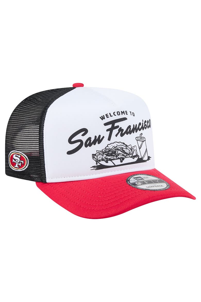 Men's New Era White/Scarlet San Francisco 49ers Foodie 9FIFTY A-Frame Trucker Snapback Hat, Main, color, White