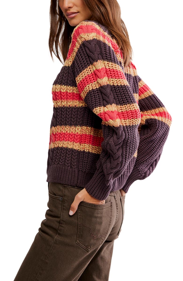 Free People Frankie Stripe Cable Stitch Cotton Sweater, Alternate, color, Chocolate Combo