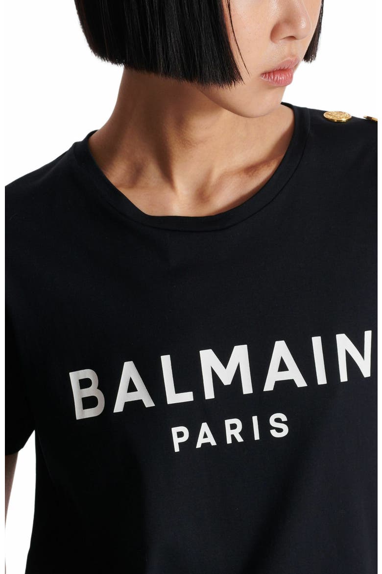 T-Shirt With Balmain Paris Print With Buttons, Alternate, color, Black