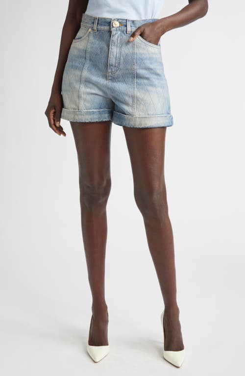 Balmain Quilted High Waist Denim Shorts In Blue