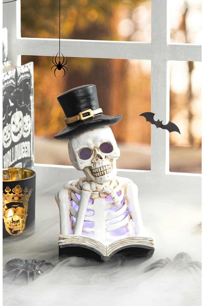 10.25"H Halloween Lighted Resin Skull Reading Book Table Decor, Alternate, color, White