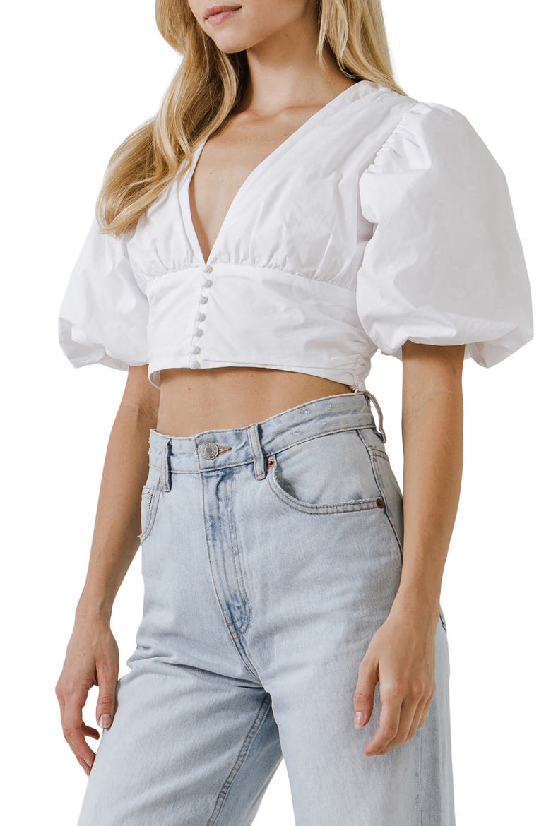 Puff Sleeve Corset Crop Top, Alternate, color, WHITE