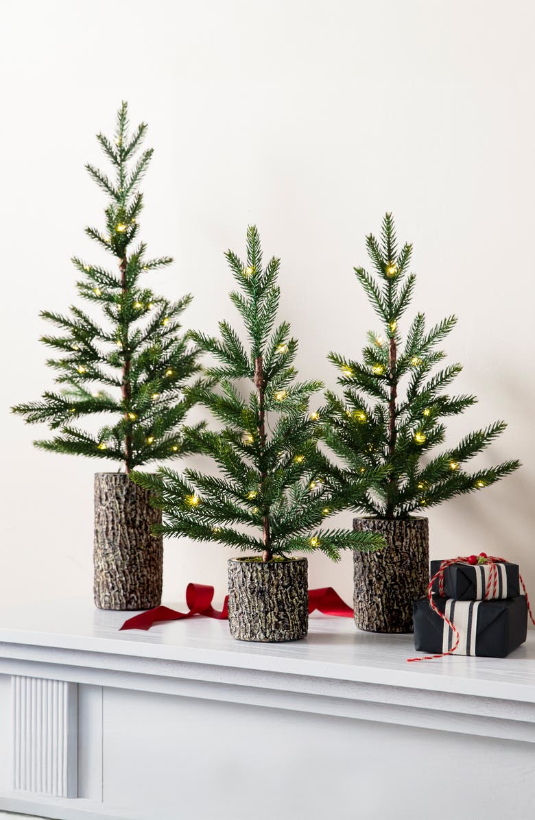 Balsam Hill Lit Evergreen Saplings Set of 3 Tabletop Trees, Alternate, color, Green