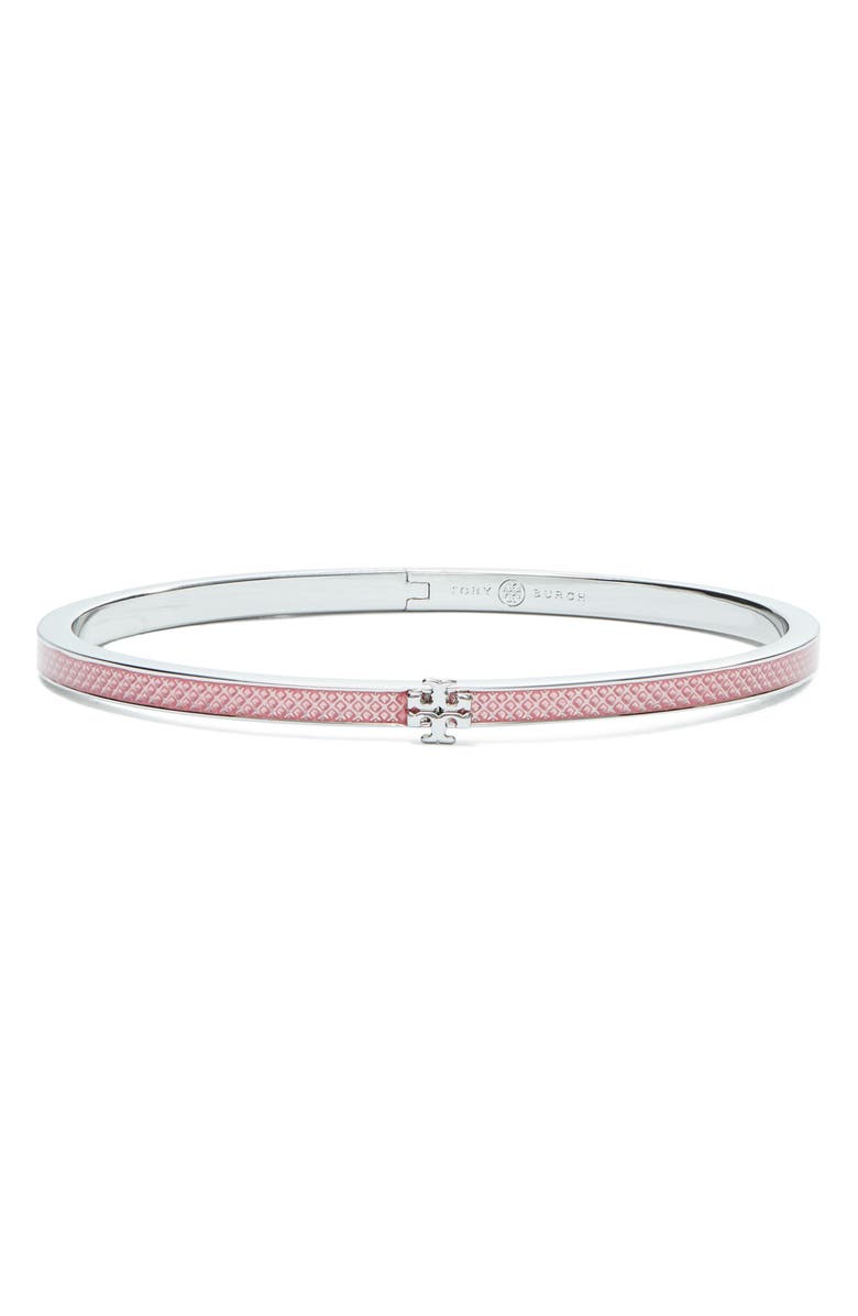 Tory Burch Kira Enamel Hinge Slim Bracelet, Main, color, Tory Silver / Pink